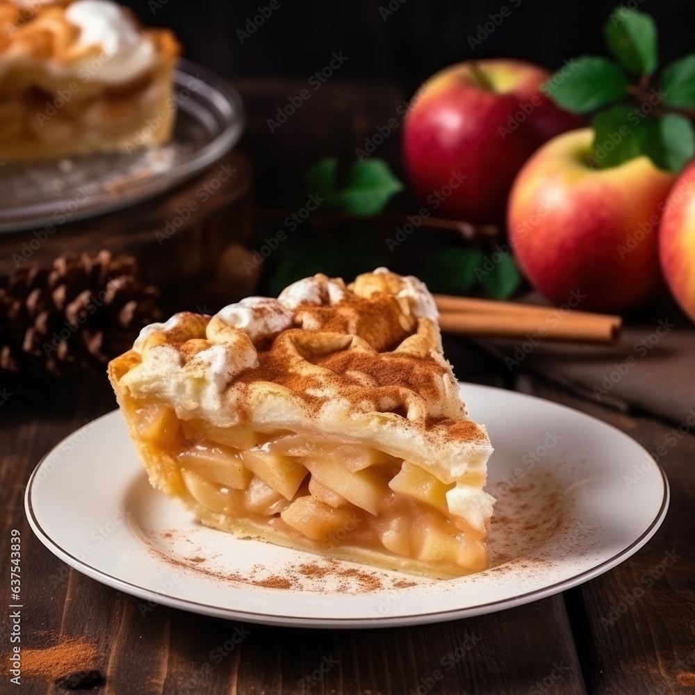 apple pie lies on a white plate on a wooden table.