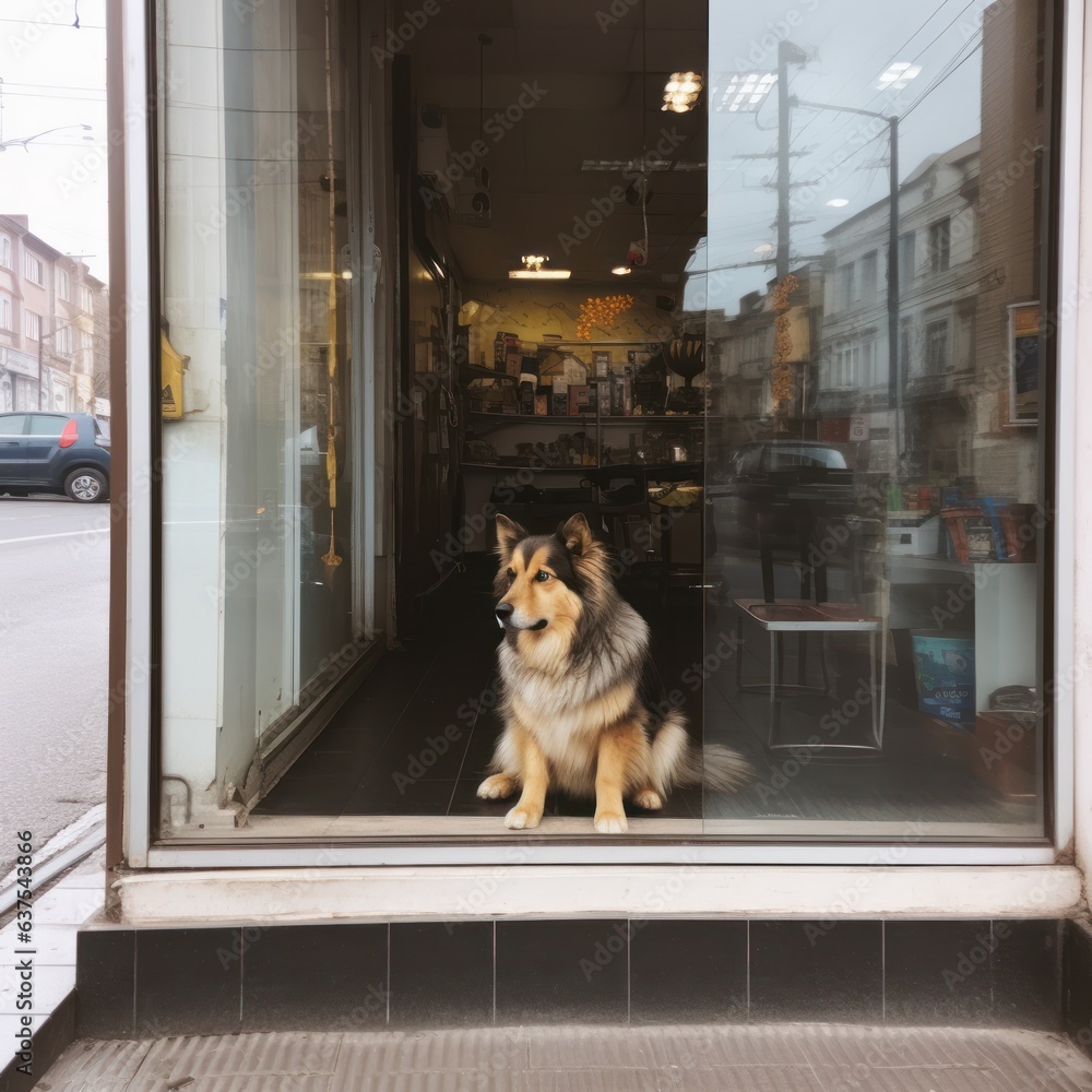 the dog is waiting for his owner near the store