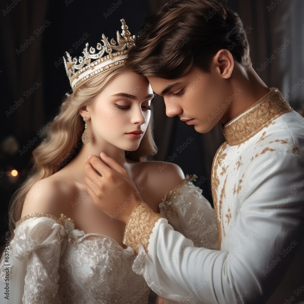 a prince in a white suit puts a crystal crown on the head of a princess in a white dress