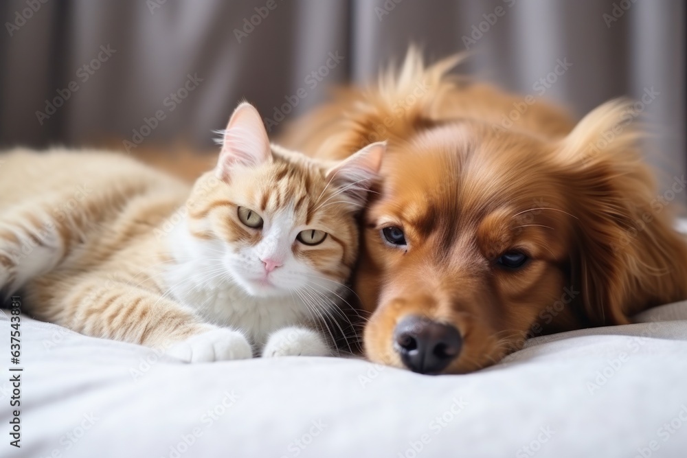 the dog lies on the bed in an embrace with a red cat