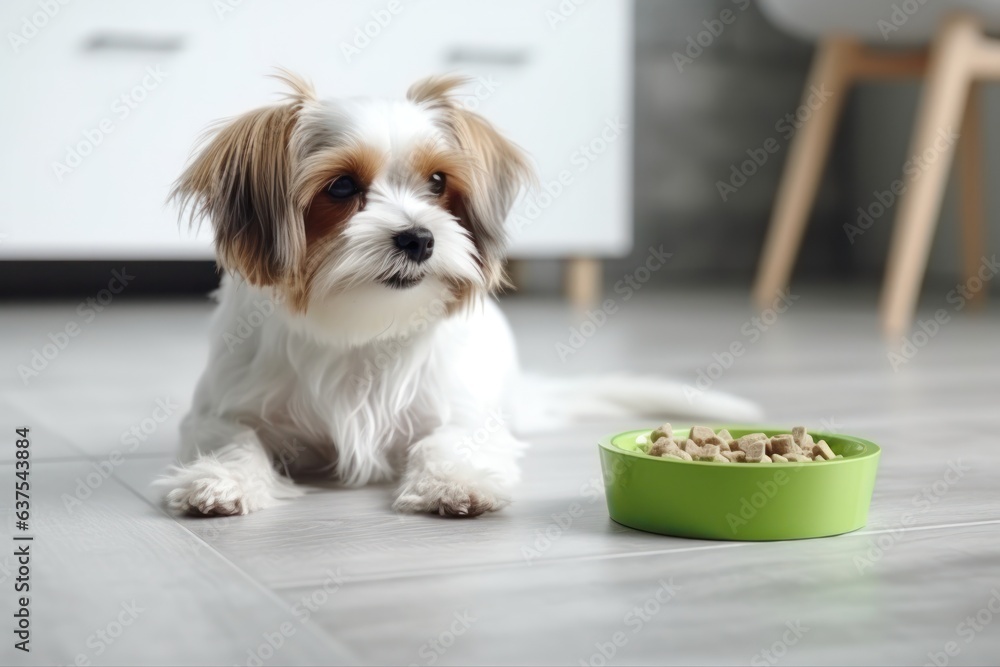 dog in a white sweater eats food from a green bowl on a gray floor