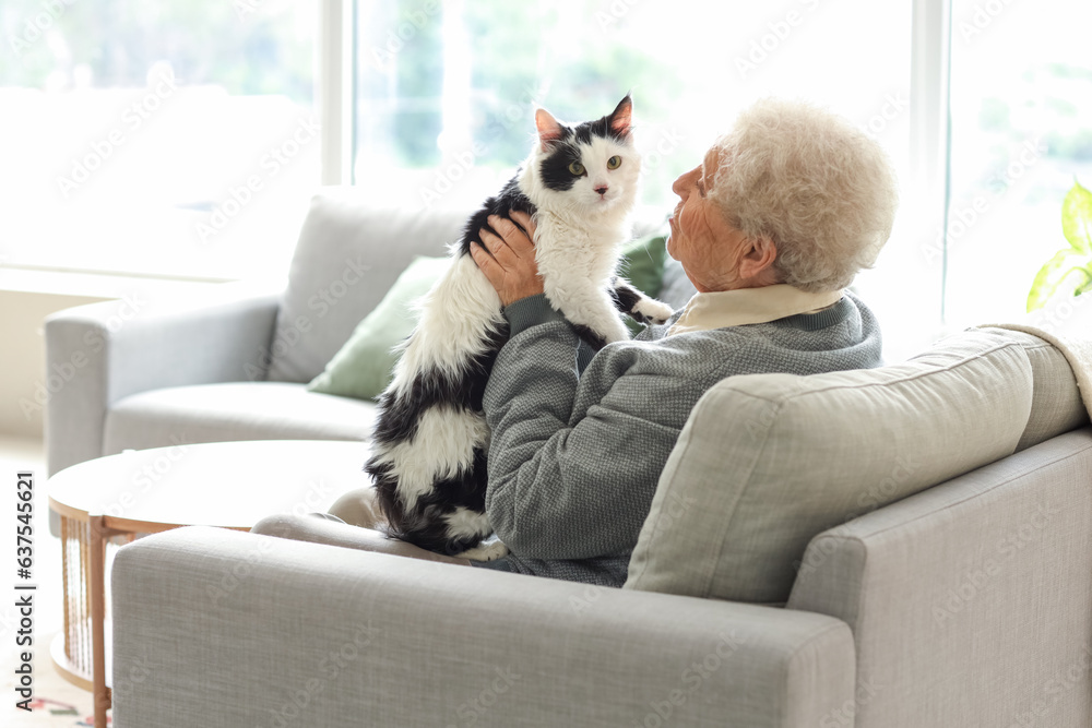 Senior woman with cute cat resting at home