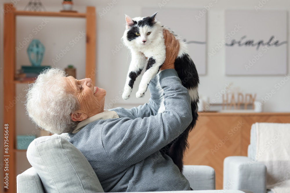 Senior woman with cute cat resting at home