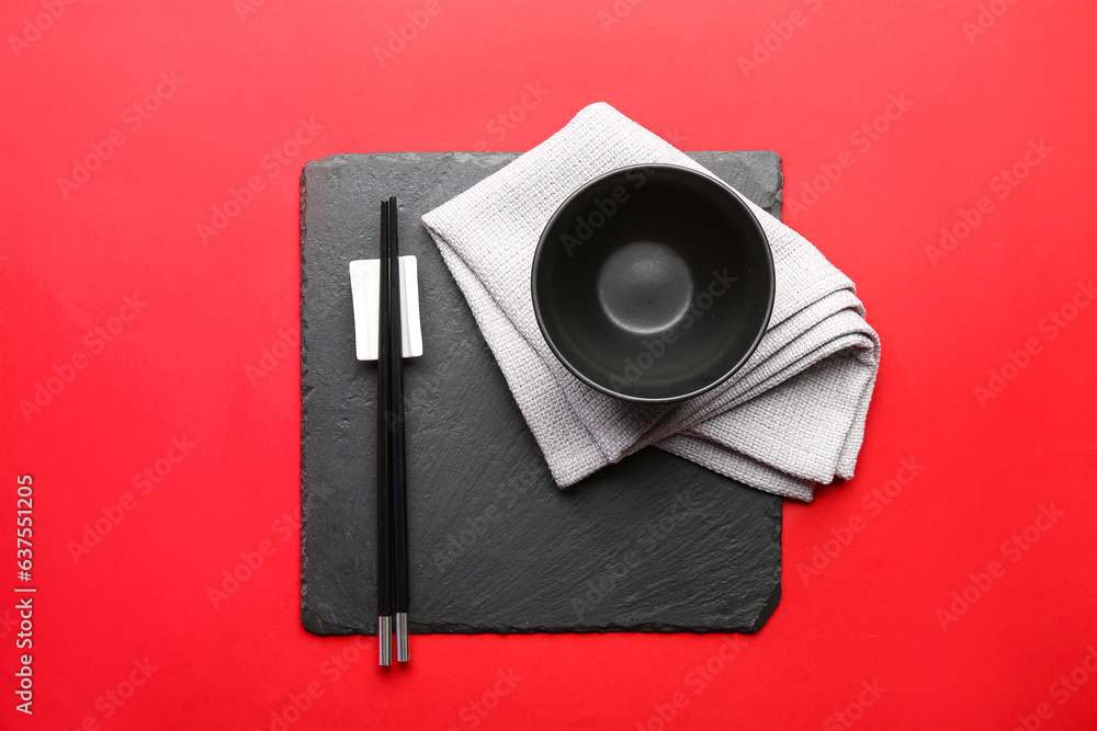 Chinese table setting on red background