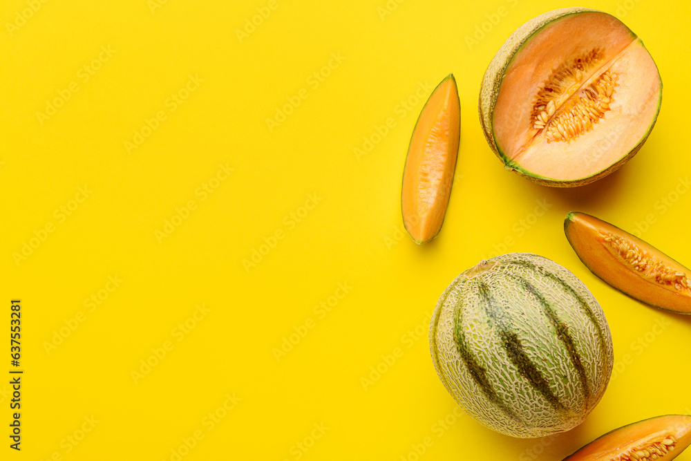 Tasty ripe melons on yellow background