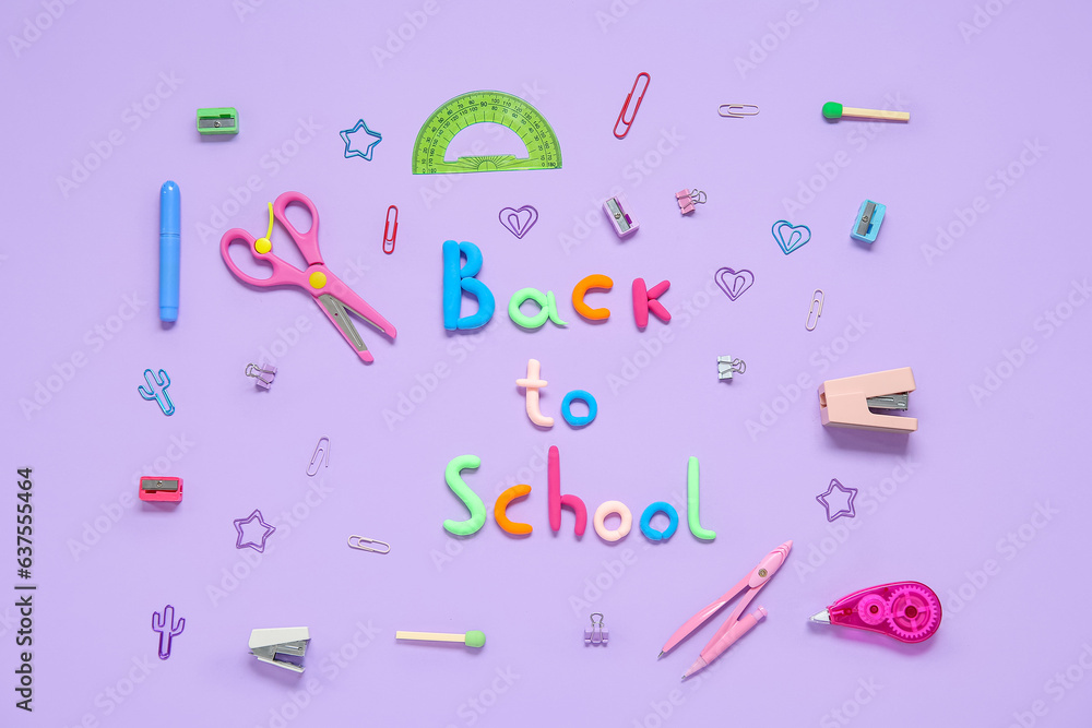 Text BACK TO SCHOOL and stationery on lilac background