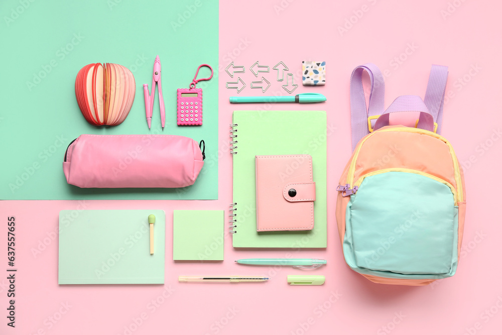 Stylish school backpack and pencil case with different stationery supplies on colorful background