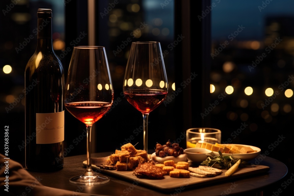 Wines glasses with snack close up view on luxury out of focus high end hotel background.