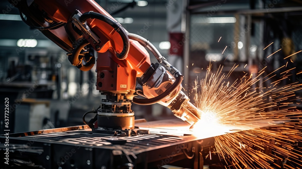 Precision Robotic Welding: Intricate Metal Joining with Sparks in Well-Lit Workshop