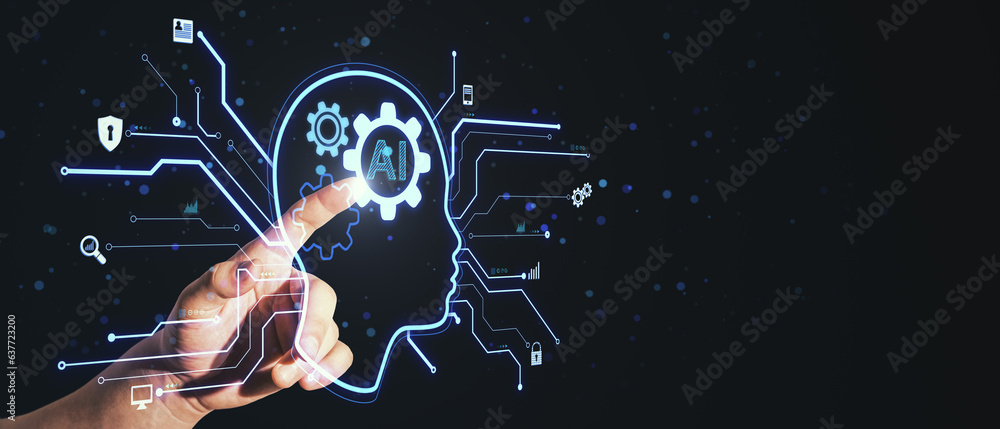 Close up of business man hand pointing at glowing head outline with ai circuit and other icons on wi