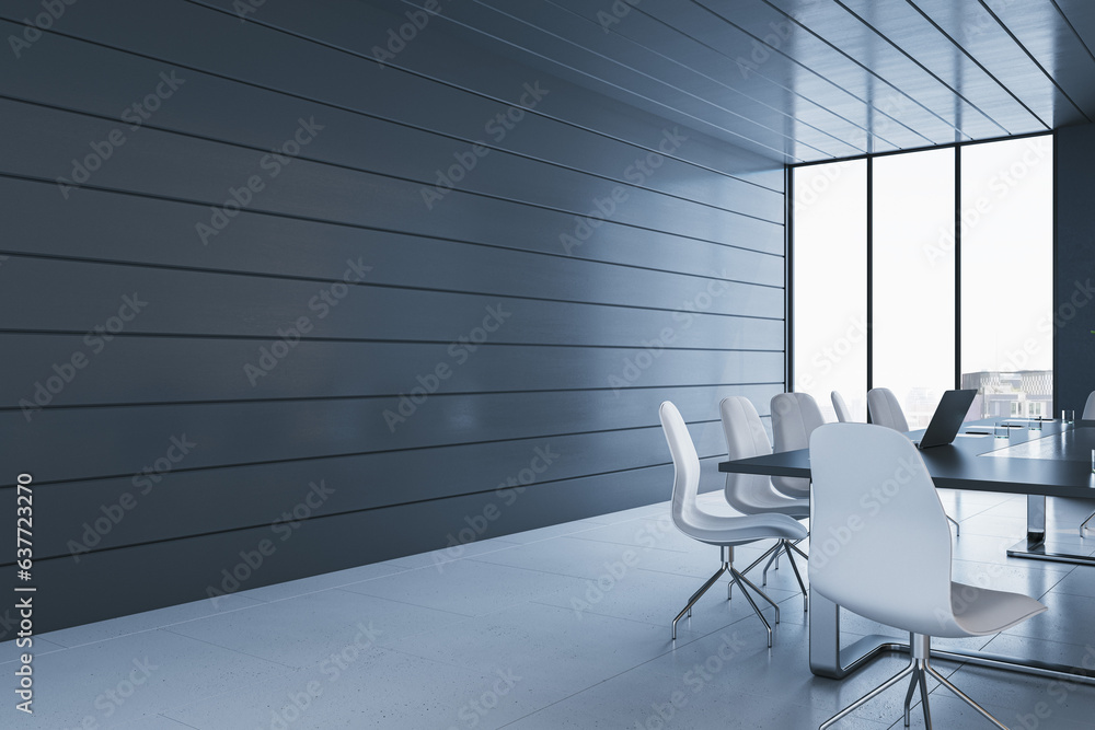 Clean blue plank conference room interior with table, chairs and panoramic window with city view. 3D