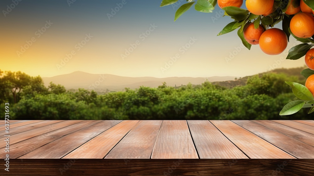 Spacious wooden table surrounded by orange trees on vibrant field - Ideal for product display montag