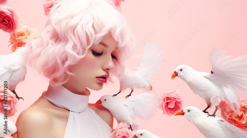 Portrait of beautiful woman with birds and flowers