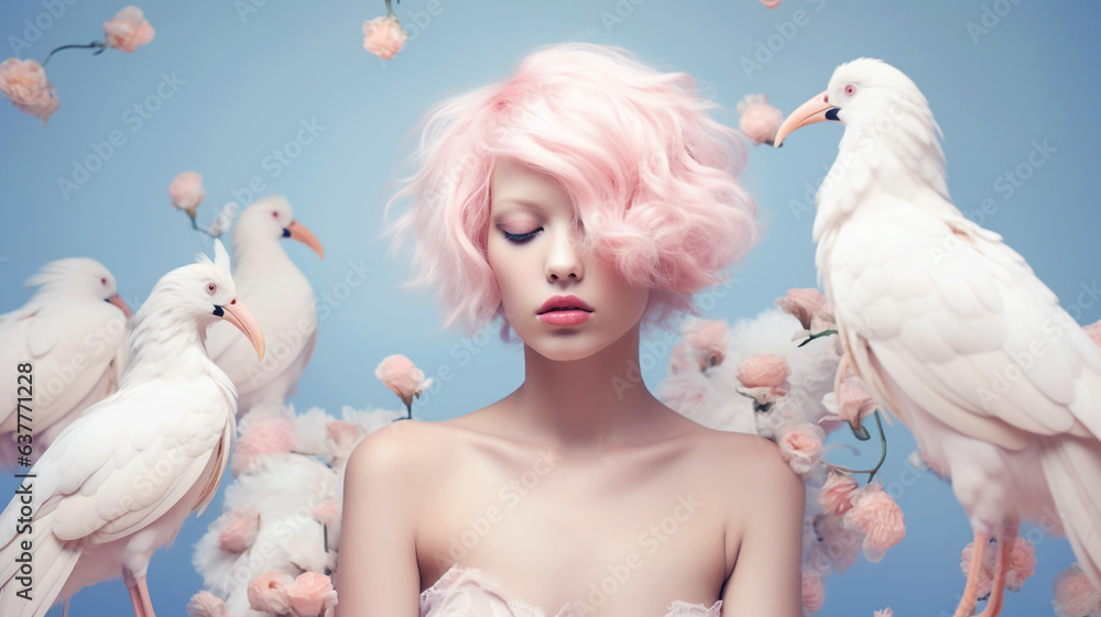 Portrait of beautiful woman with birds and flowers