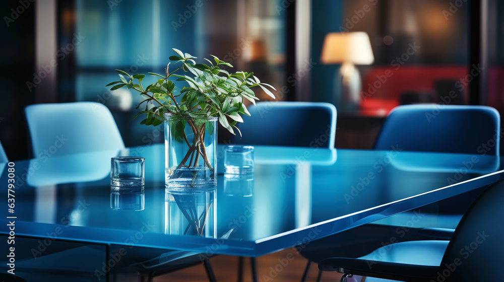 Modern minimalist corporate conference room with glass table in blue shades. Generative AI