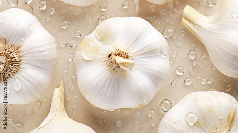 Fresh garlic with water drops background. Vegetables backdrop. Generative AI