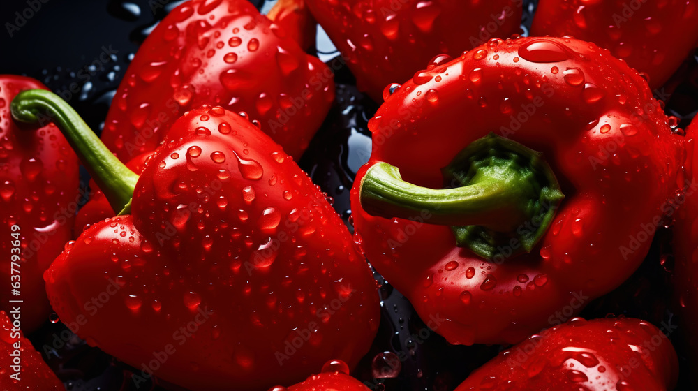 Fresh red bell peppers with water drops background. Vegetables backdrop. Generative AI