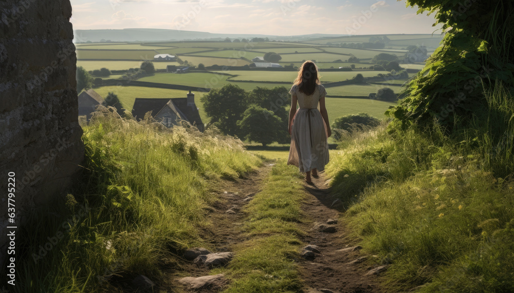 A woman in old-fashioned dress walking along a rural dirt road against a rural landscape. View from 