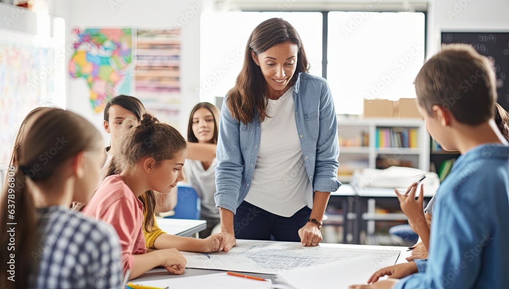 Teacher helping pupils in classroom at elementary school. Elementary school education concept