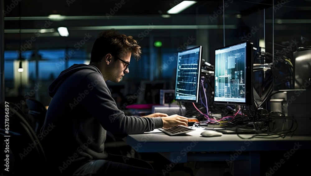 Programmer working on a computer late at night in a dark office