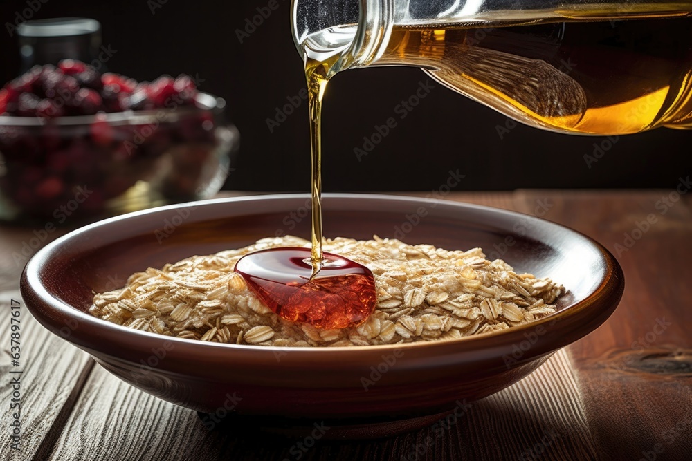 syrup drizzling onto a bowl of oatmeal