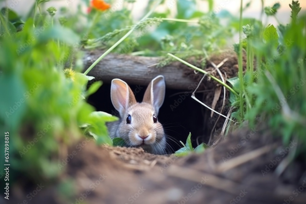 close-up of rabbit digging hole in garden