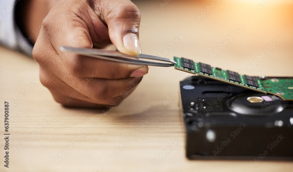 Motherboard, microchip and engineer hands closeup with electric maintenance of circuit board. Tweeze