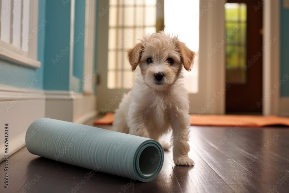 a playful puppy tugging at a corner of a rolled yoga mat