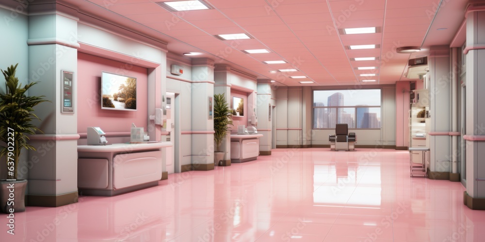 A hospital hallway with a pink floor and pink walls. Digital image.