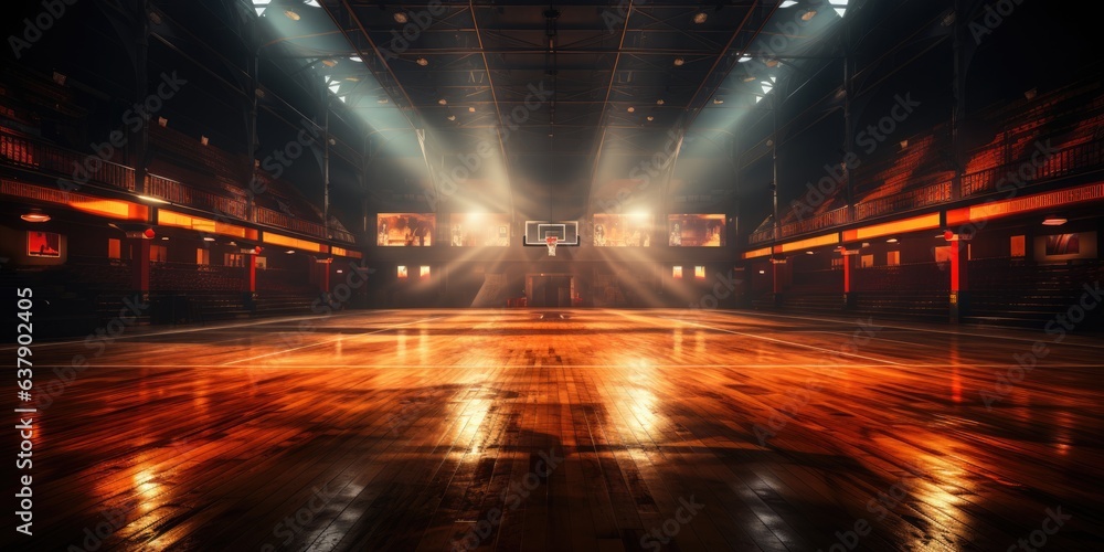 A basketball court with lights shining down on it. Digital image.