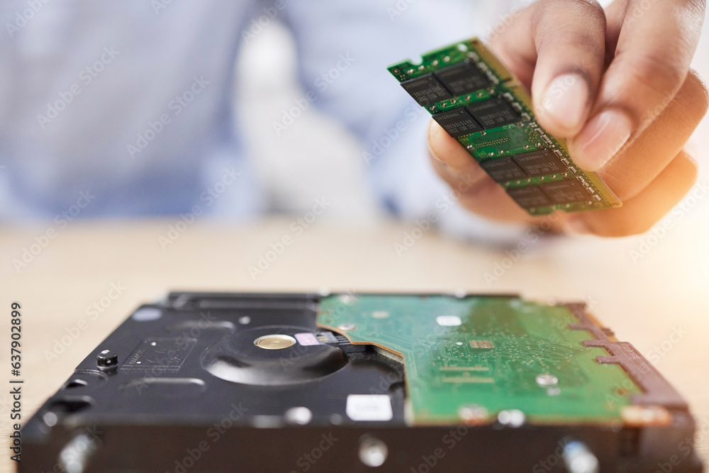 Motherboard, microchip and engineering hand closeup with electric maintenance of circuit board. Deve