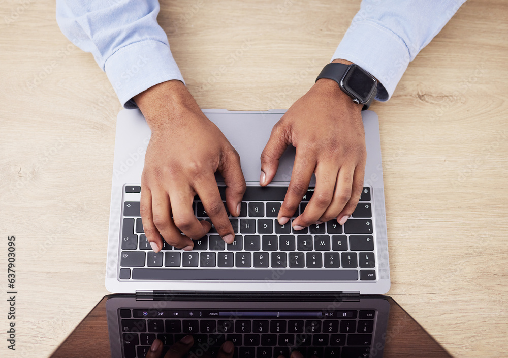 Laptop, above and hands of business person in office for networking, website and research. Cybersecu