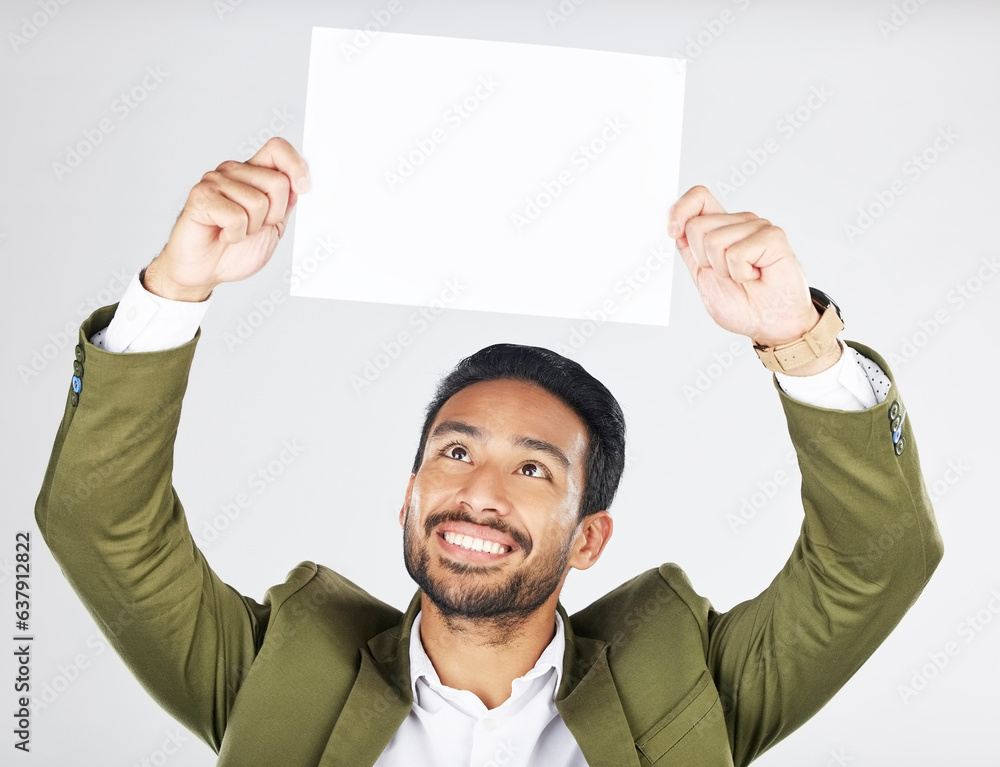 Happy asian man, billboard and sign for advertising, marketing or branding against a white studio ba