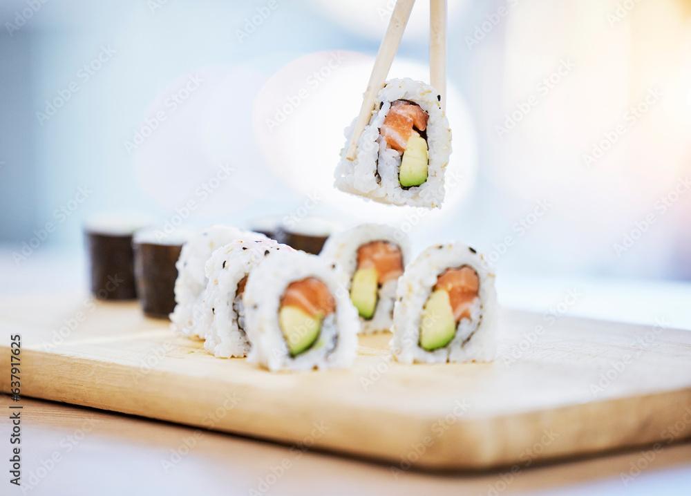 Sushi, food on wood board with fish and eating, salmon and rice with avocado, healthy and luxury. Ja