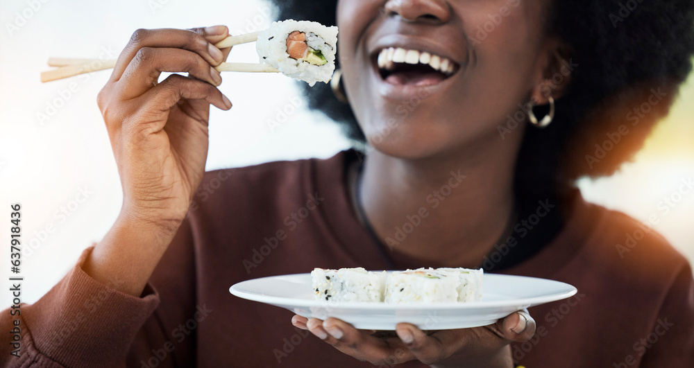 Happy, black woman and eating sushi with chopsticks or salmon, seafood and healthy dinner in home wi