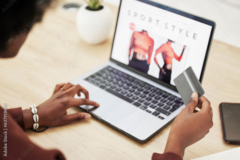 Woman, hands and laptop with credit card in online shopping, payment or banking on fashion at office