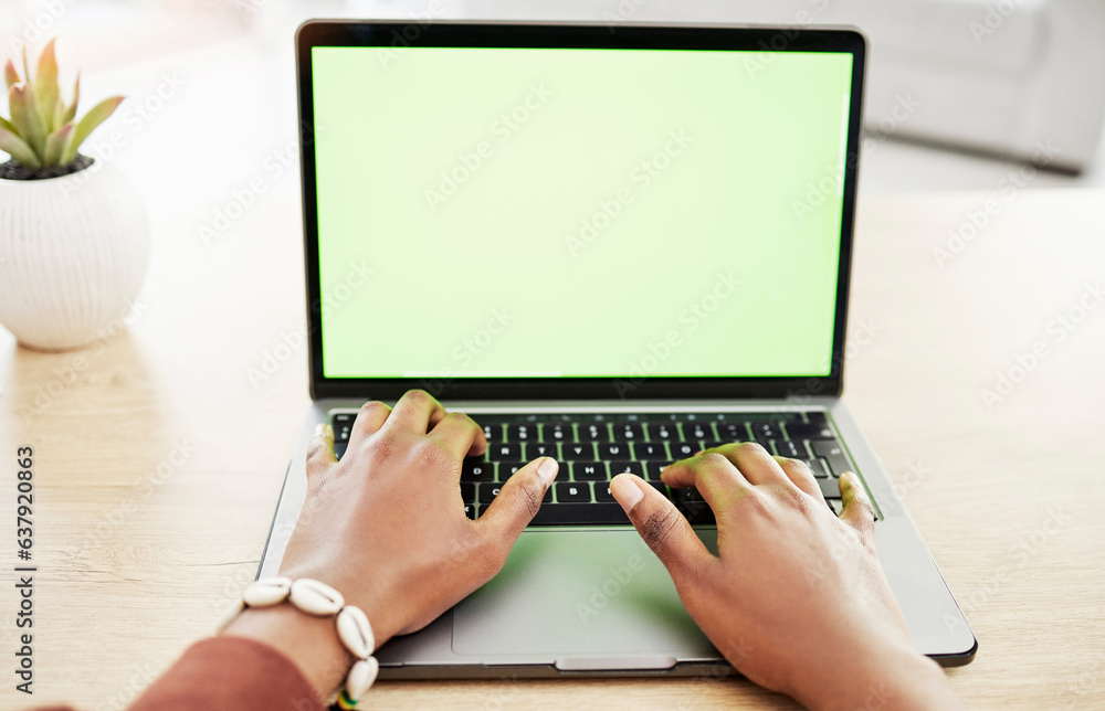 Laptop, mockup and hands of woman in home office for remote work, internet or search from above. Spa