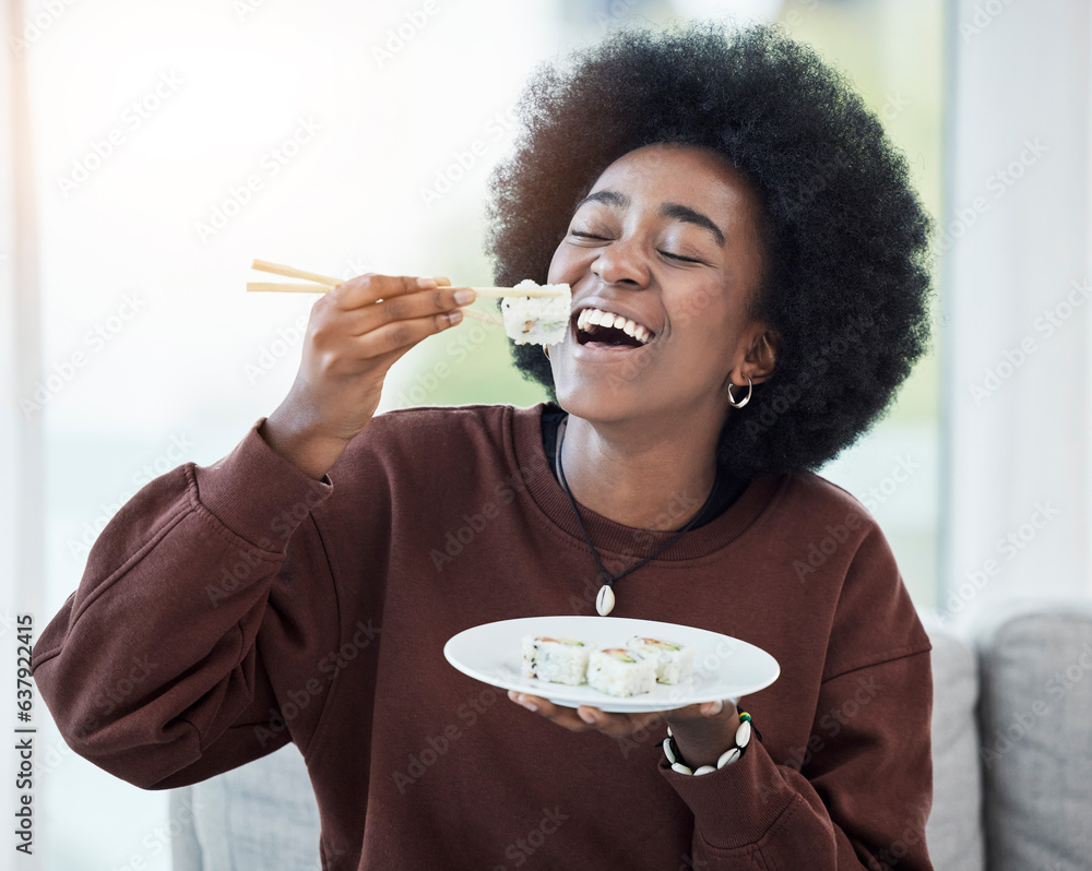 Happy, eating and black woman with sushi and chopsticks for salmon, seafood and healthy dinner in ho