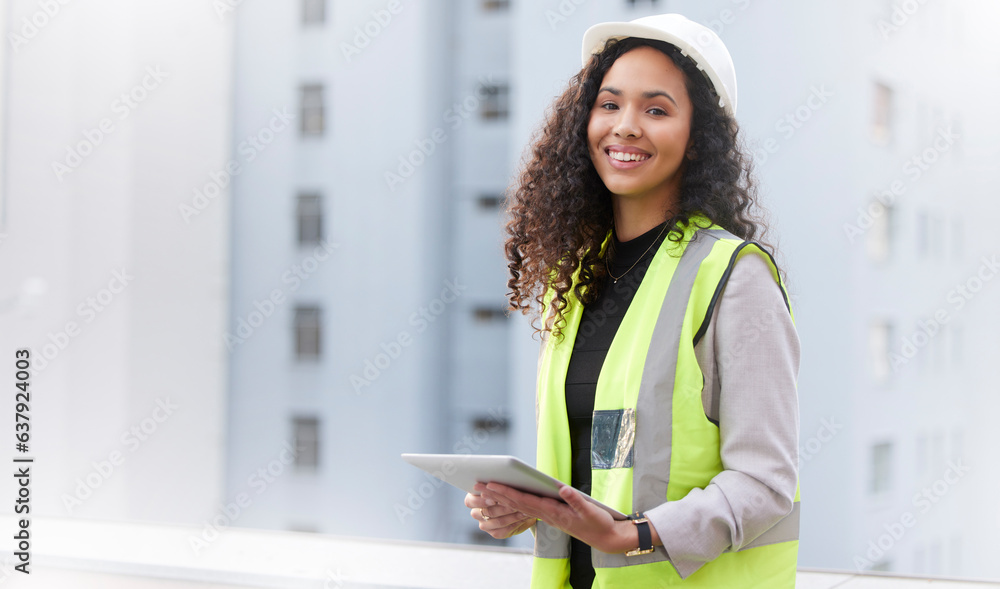 Engineering, tablet and portrait of a woman outdoor for planning, search or communication. Engineer 