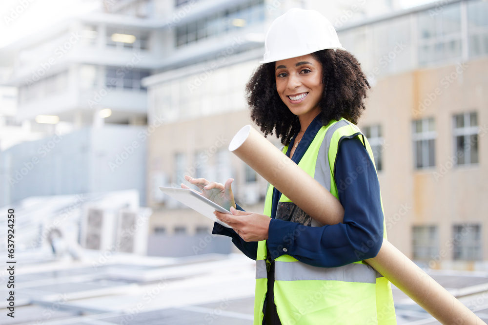 Engineering, tablet and an architect woman outdoor for planning, search or communication for project