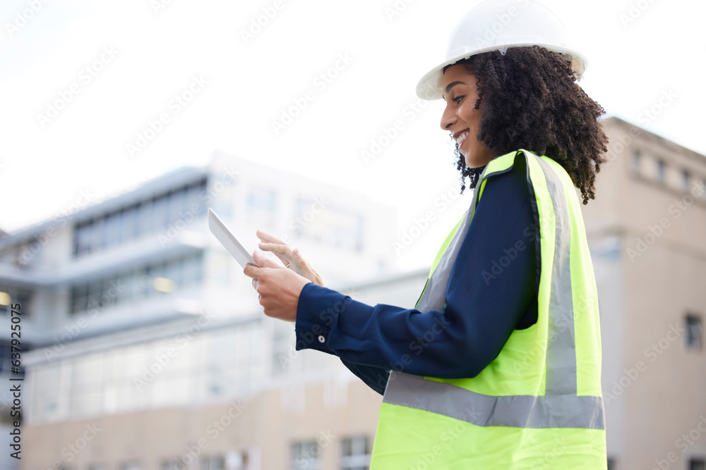 Engineer woman, tablet and outdoor for planning, search or communication for project management. Bla