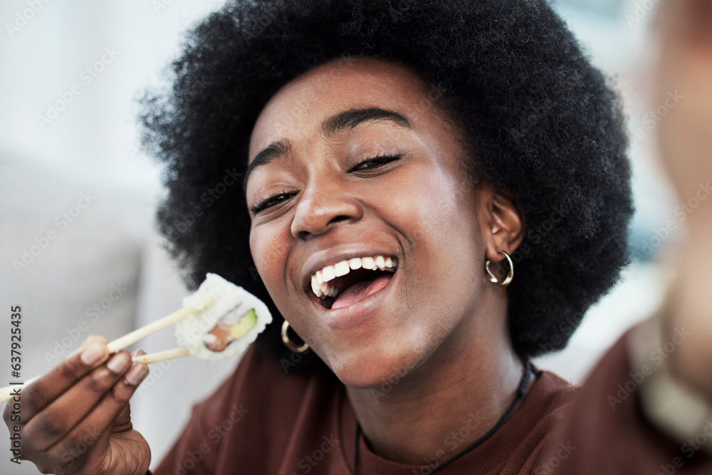 Sushi, seafood and portrait with selfie of black woman at home for brunch, Japanese cuisine and soci