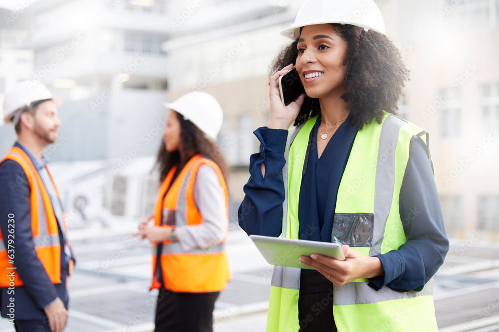 Phone call, engineering and a woman outdoor talking about planning, development or project managemen