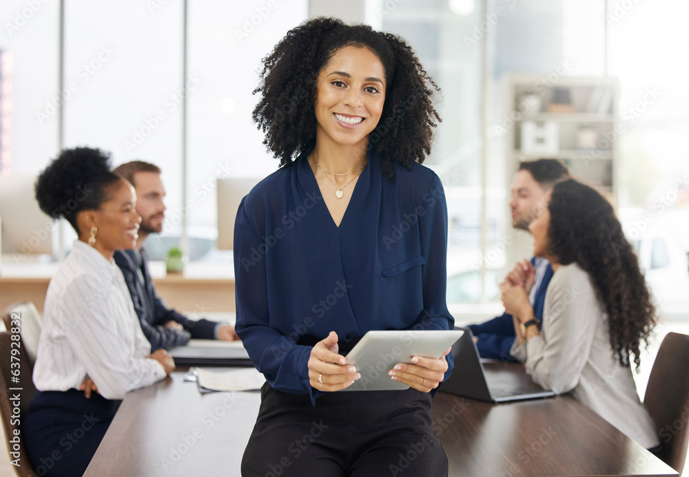 Business woman, portrait and tablet for planning meeting with team or project management, discussion