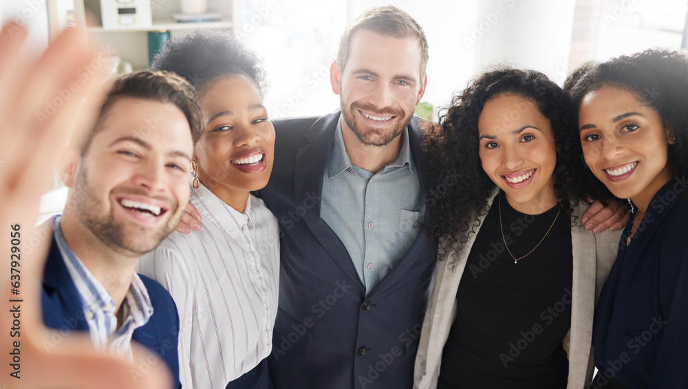 Group of business people together in selfie with diversity, smile and happy in workplace for company