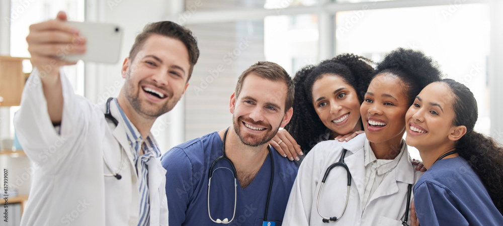 Doctor, selfie and group with smile for social media and profile picture in hospital. Healthcare, nu