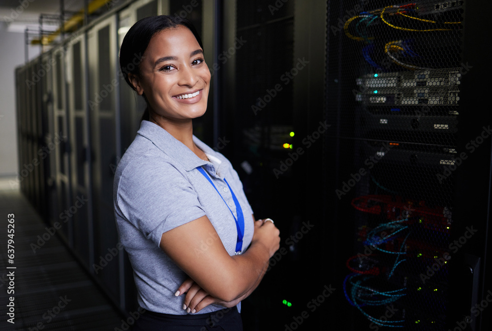 Server room, portrait or woman engineer for online cybersecurity glitch, machine or servers system. 