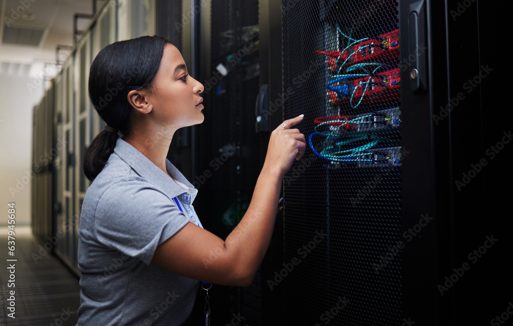 Woman, cable and engineer in server room to check inspection of cloud computing. Information technol