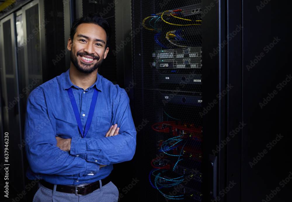 Server room, portrait or happy male developer for online cybersecurity glitch or machine system. IT 