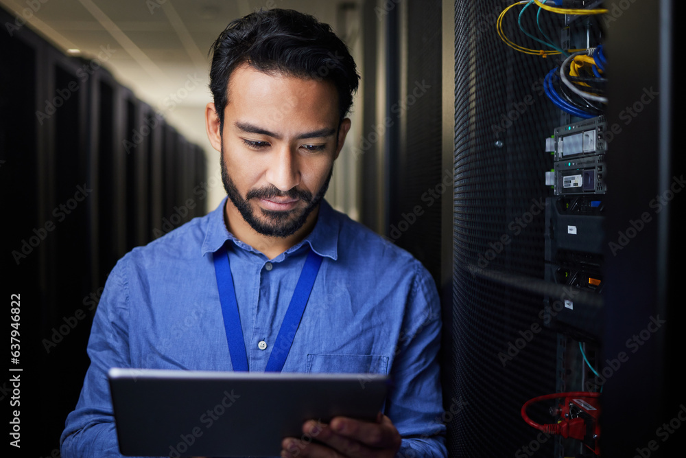 Tablet, man and engineer in server room on research for programming at night. Information technology